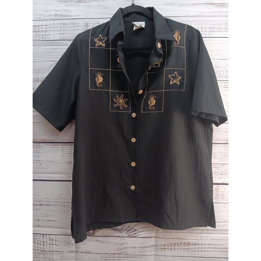 Bon Worth Shirt  Women's Small Black Vintage Button Up Embroidered Beachy